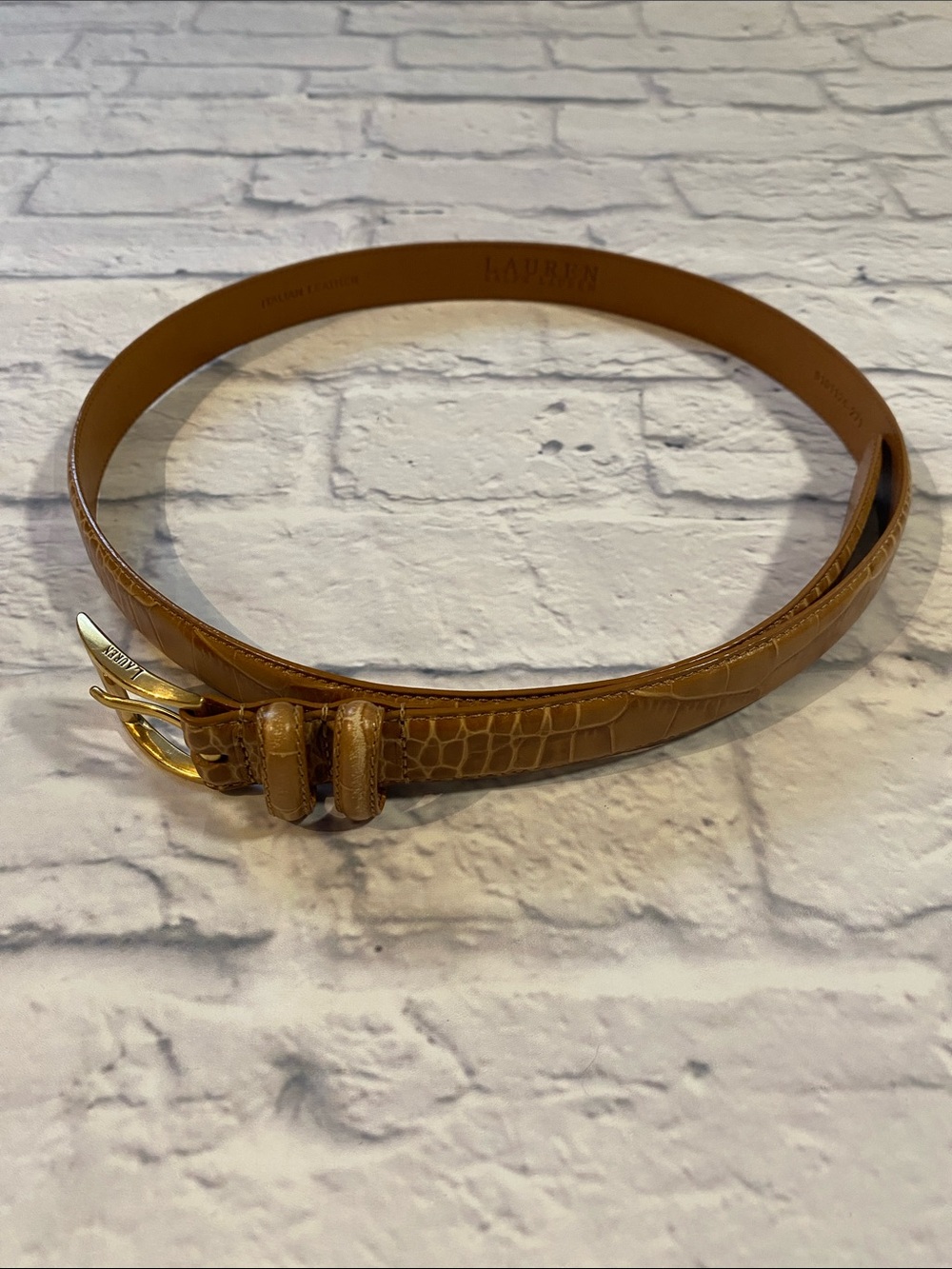 Lauren Ralph Lauren Croc-Embossed Leather Belt with Gold Buckle Tan Size L - Picture 2 of 13